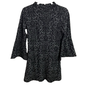 NWT Loft Damask Print Bell Sleeve Fit And Flare Black Gray Mini Dress Size 2